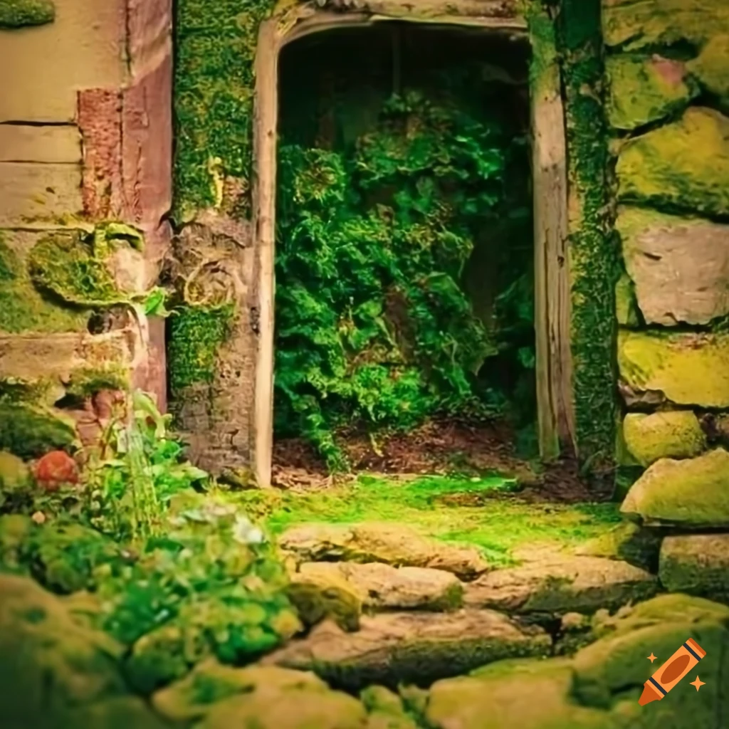 View of a moss-covered stone door in a garden on Craiyon