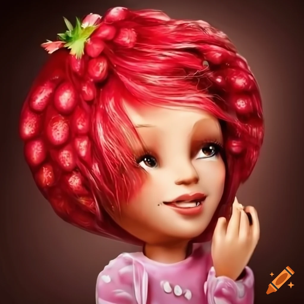 Portrait of a woman transforming into strawberry shortcake