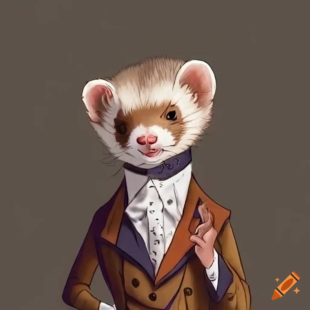 Lexica - Female ferret, silver and white fur, brown eyes, animated,  cartoon, facing camera