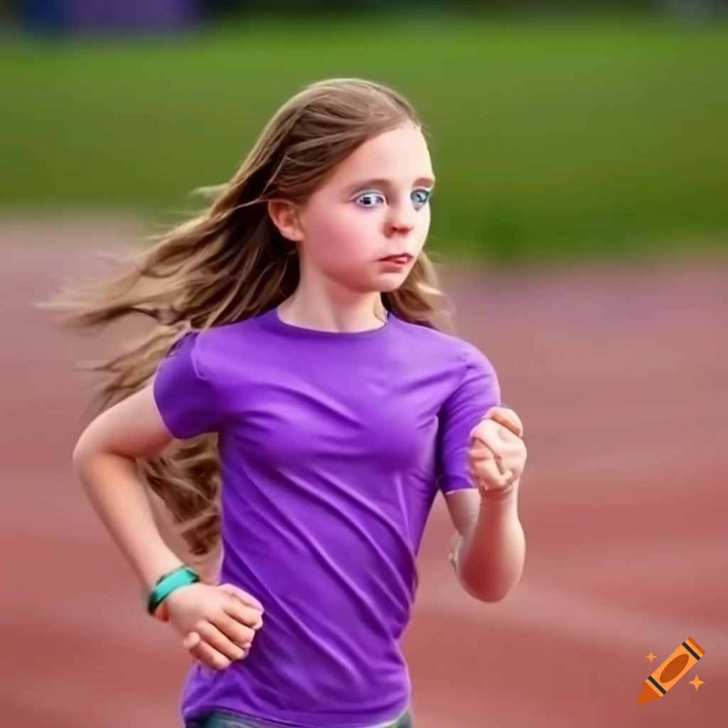 Young girl with wavy brown hair doing track and field