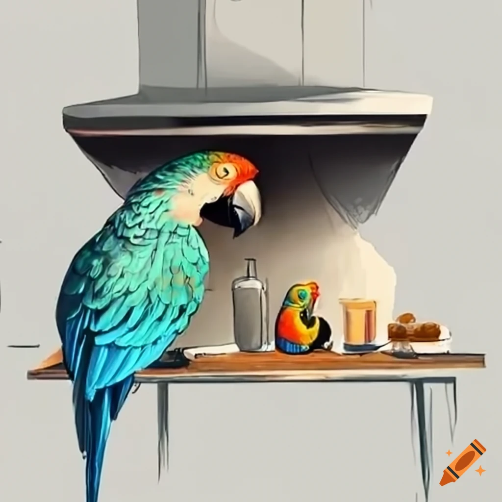 parrot sitting under a cooker hood on a table