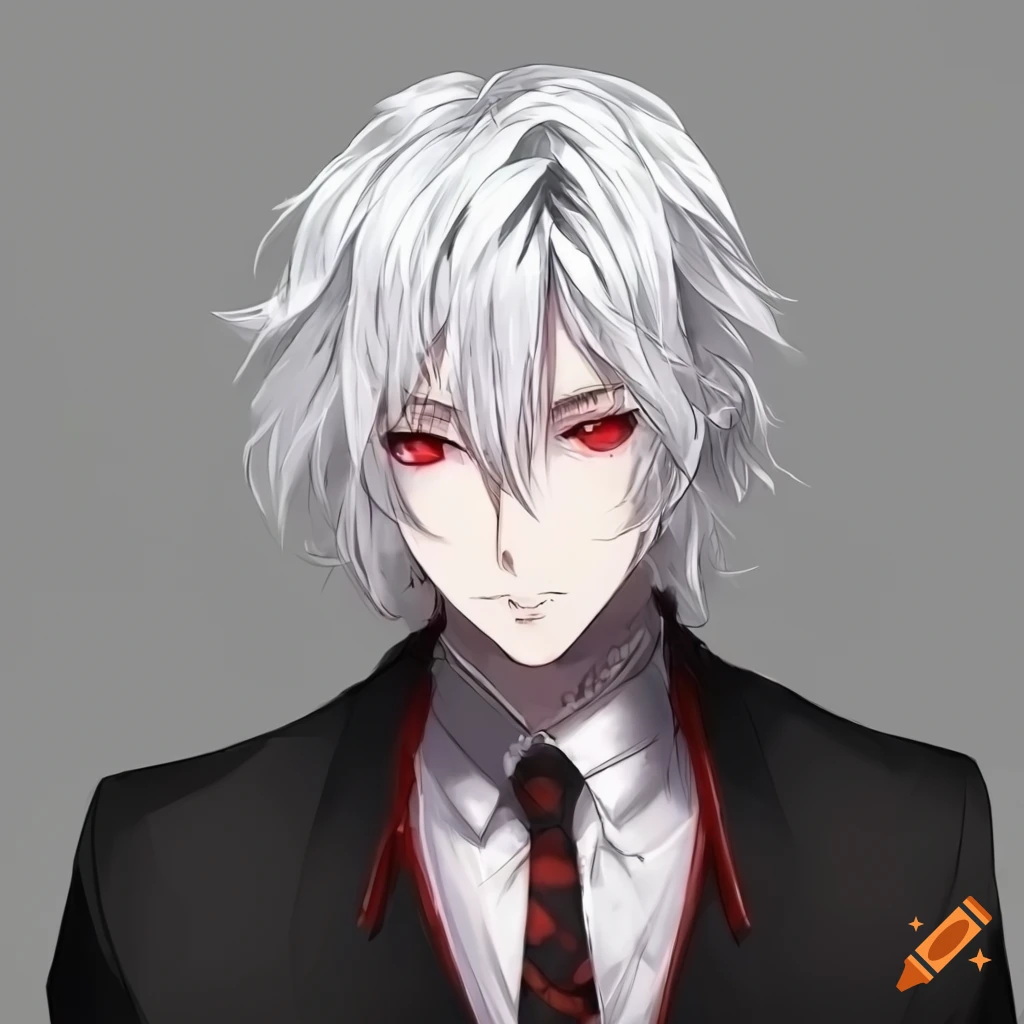 anime character with black suit and white hair
