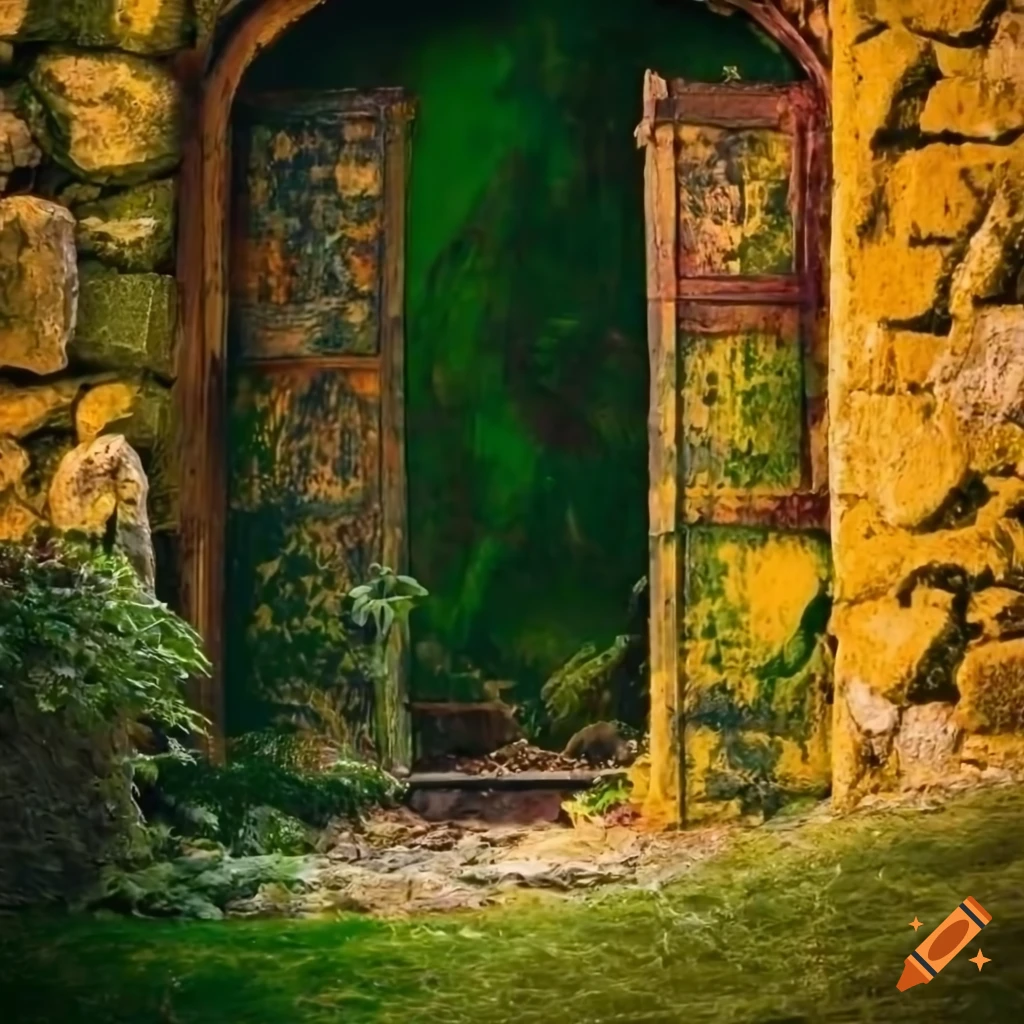 View of a moss-covered stone door with a garden behind on Craiyon