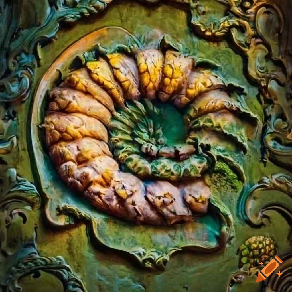 Renaissance fresco style painting of a spiral with pineapple on a stone door