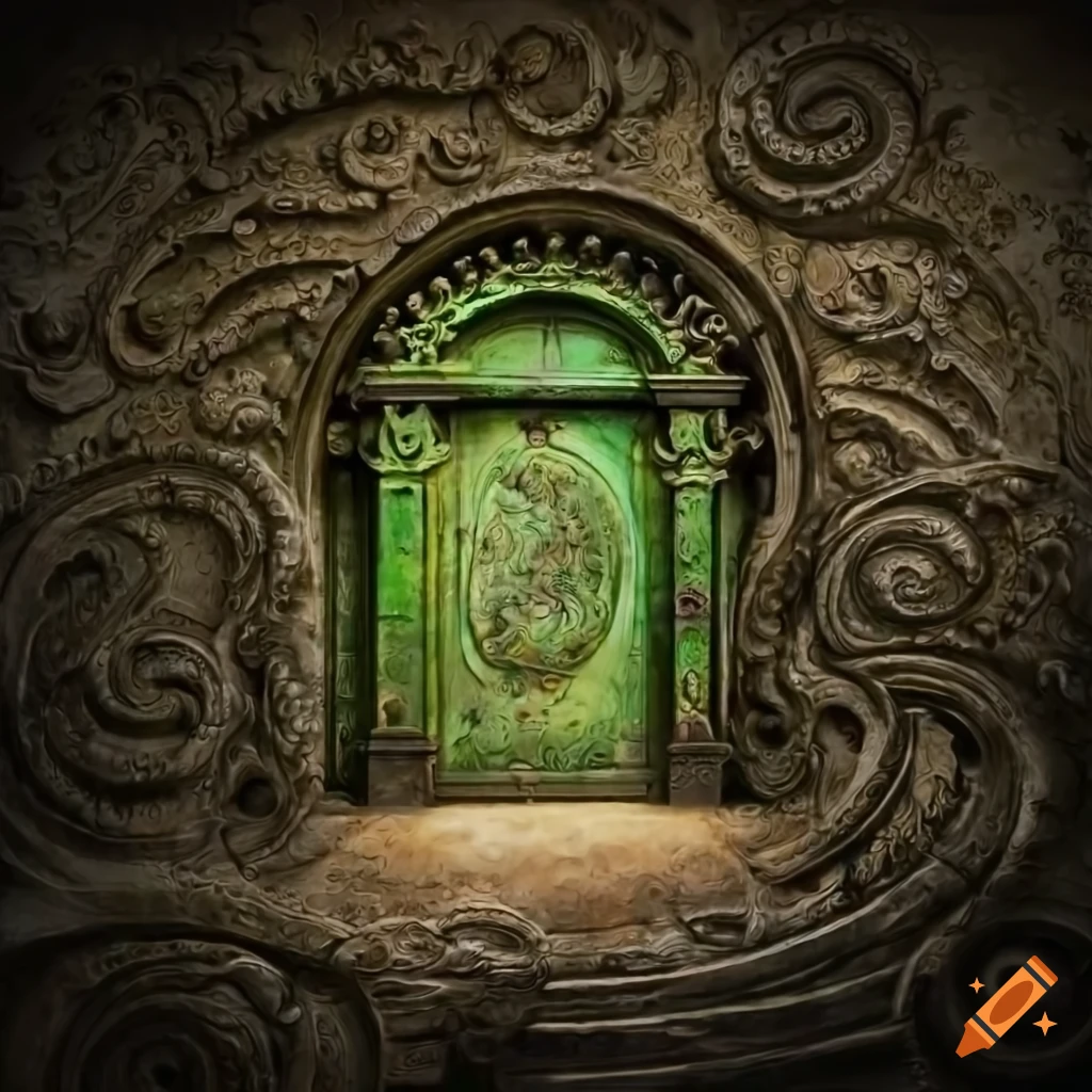 baroque moss-covered door with engraved spiral galaxy