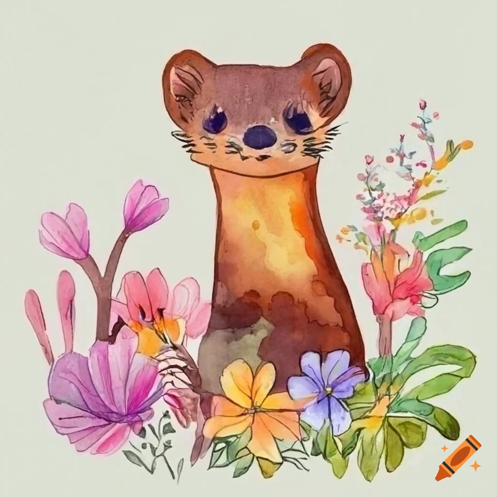 watercolor line drawing of a weasel in a garden
