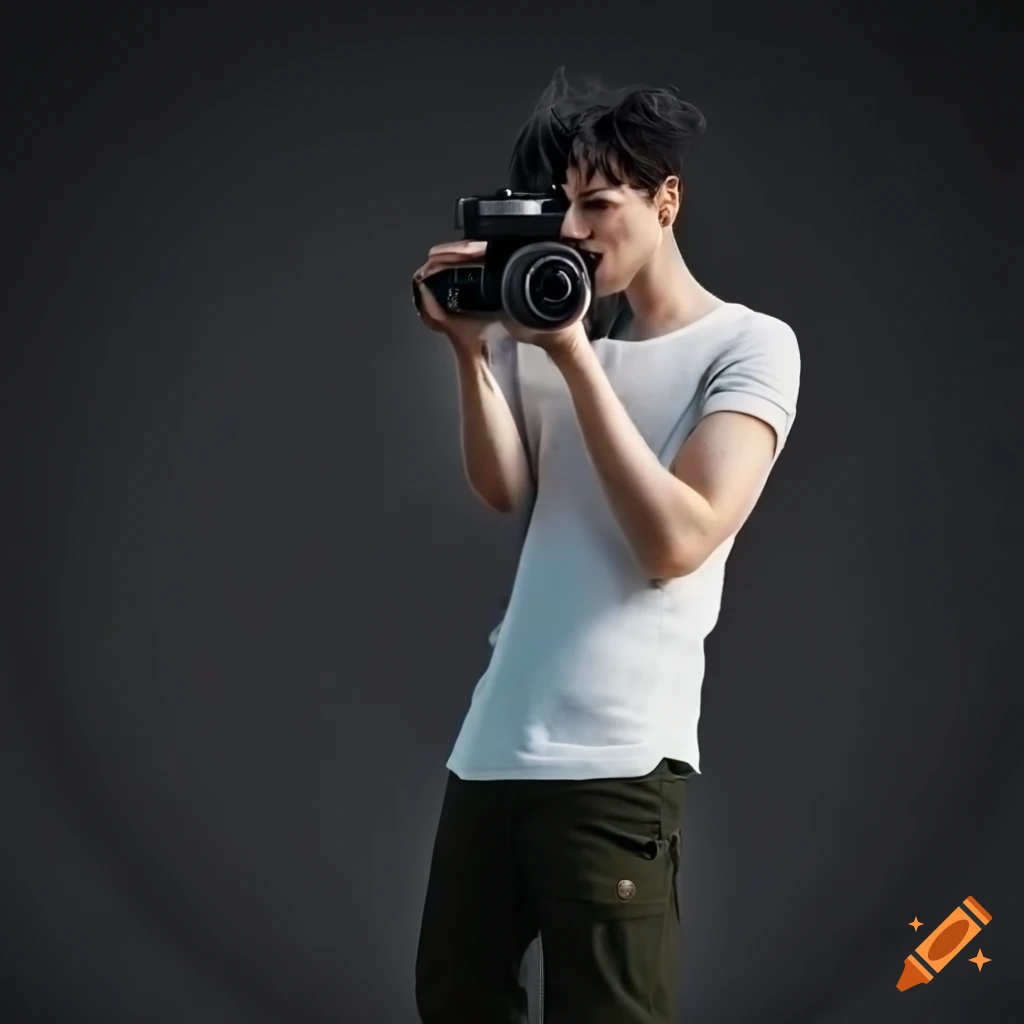 Photographer with camera in white T-shirt and black pants on Craiyon