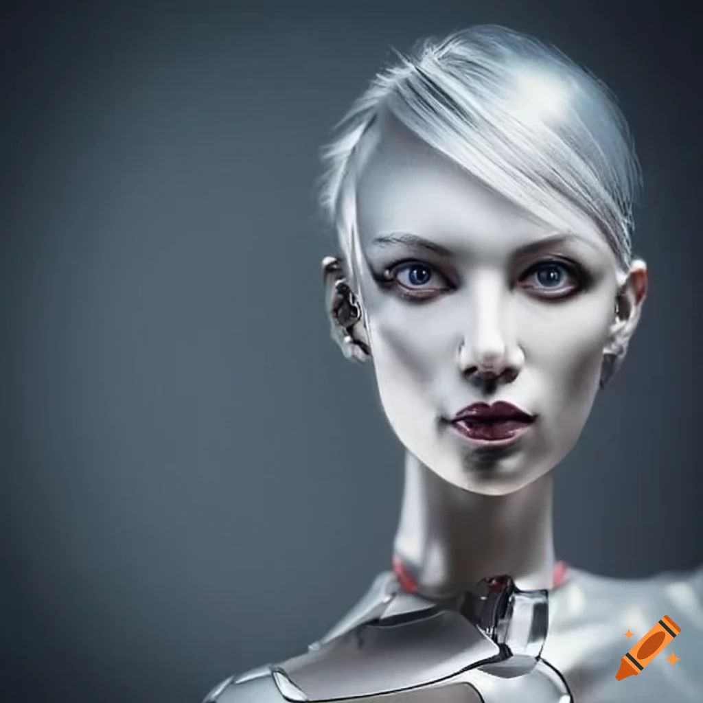 Silver female robots with silver hair on Craiyon