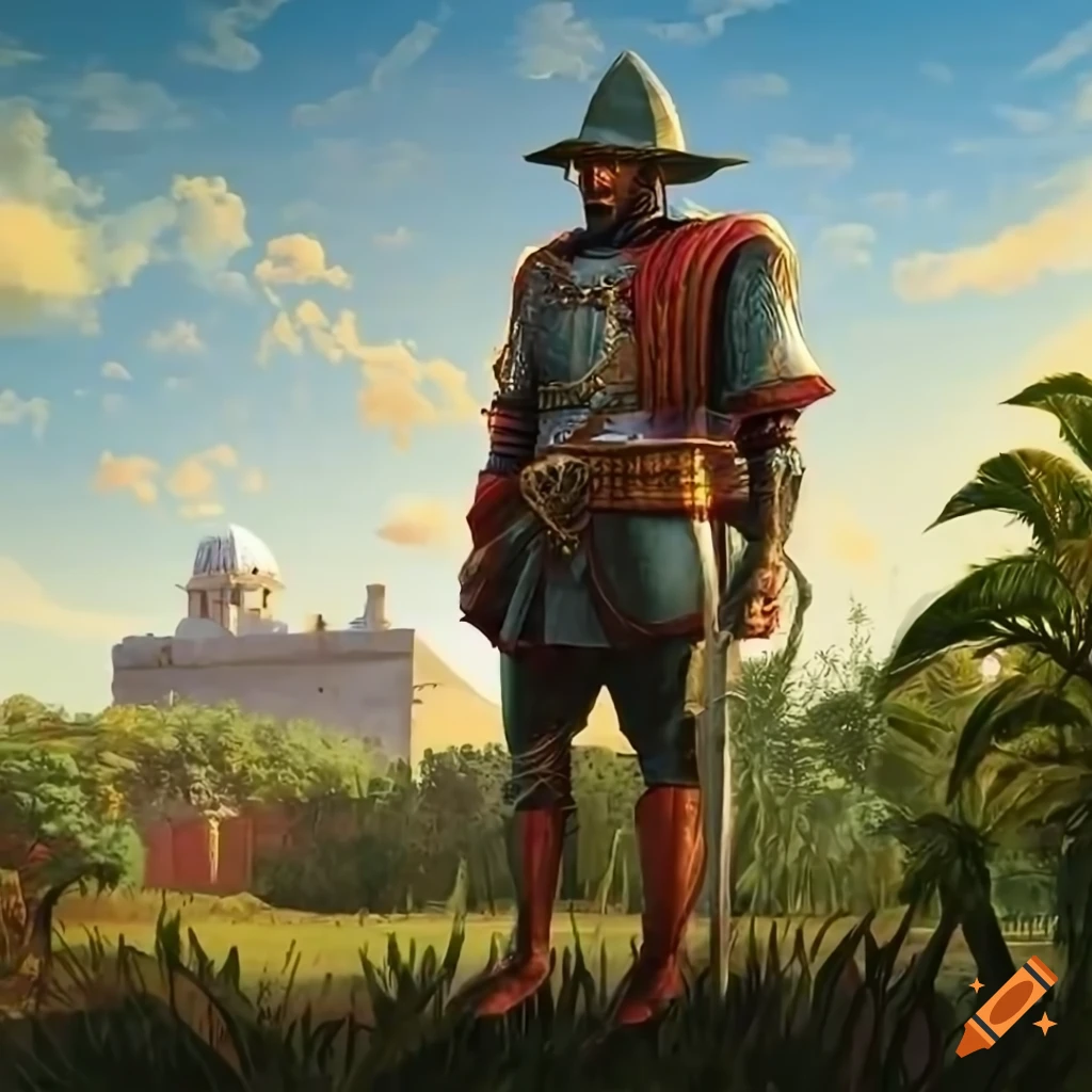 digital art of a Spanish conquistador in front of a fort in Mexico