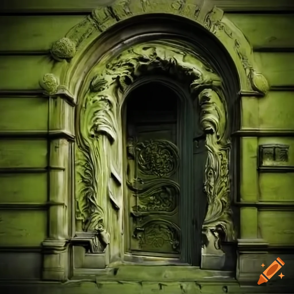Baroque moss-covered door with bas-relief spiral in delacroix style