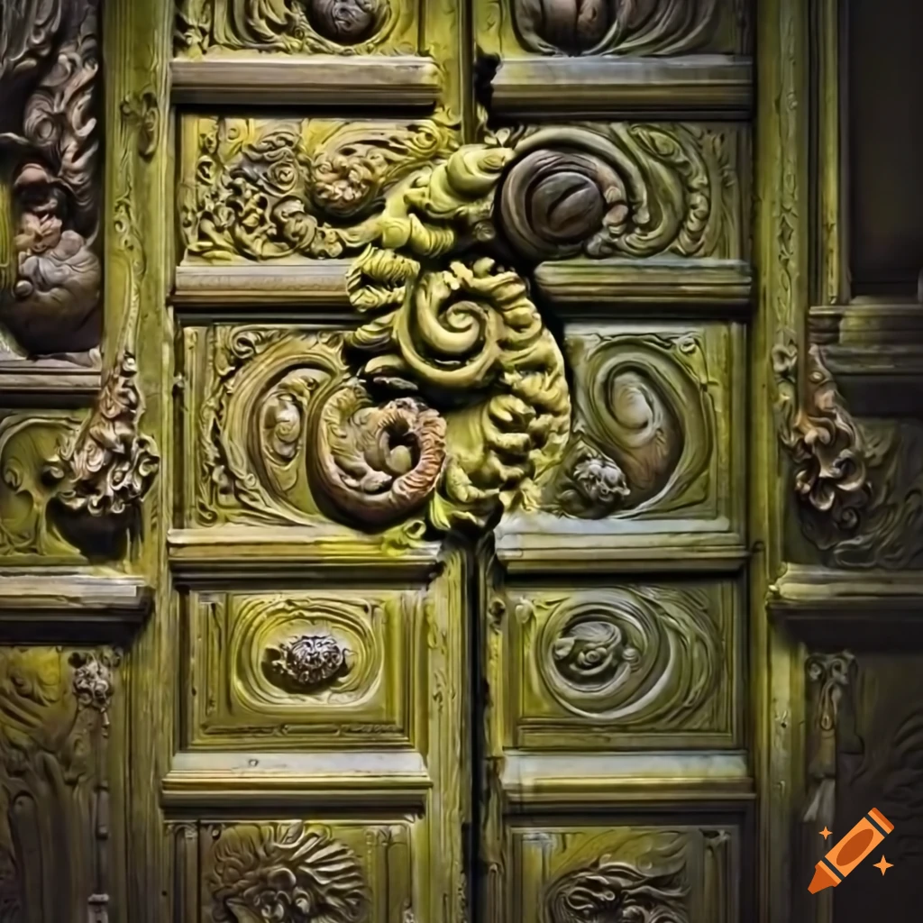 Intricate moss-covered baroque door with spiral bas-relief