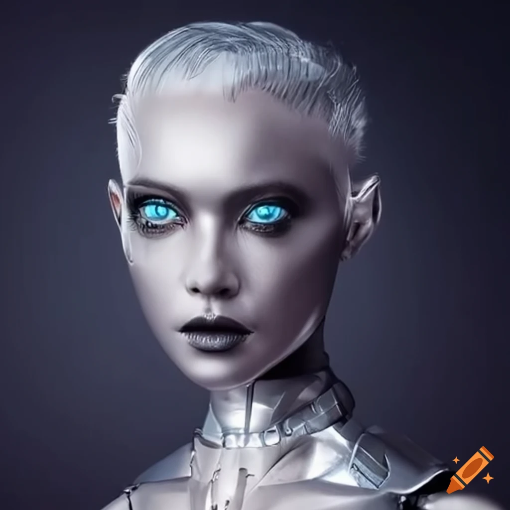 Silver female robots with silver hair