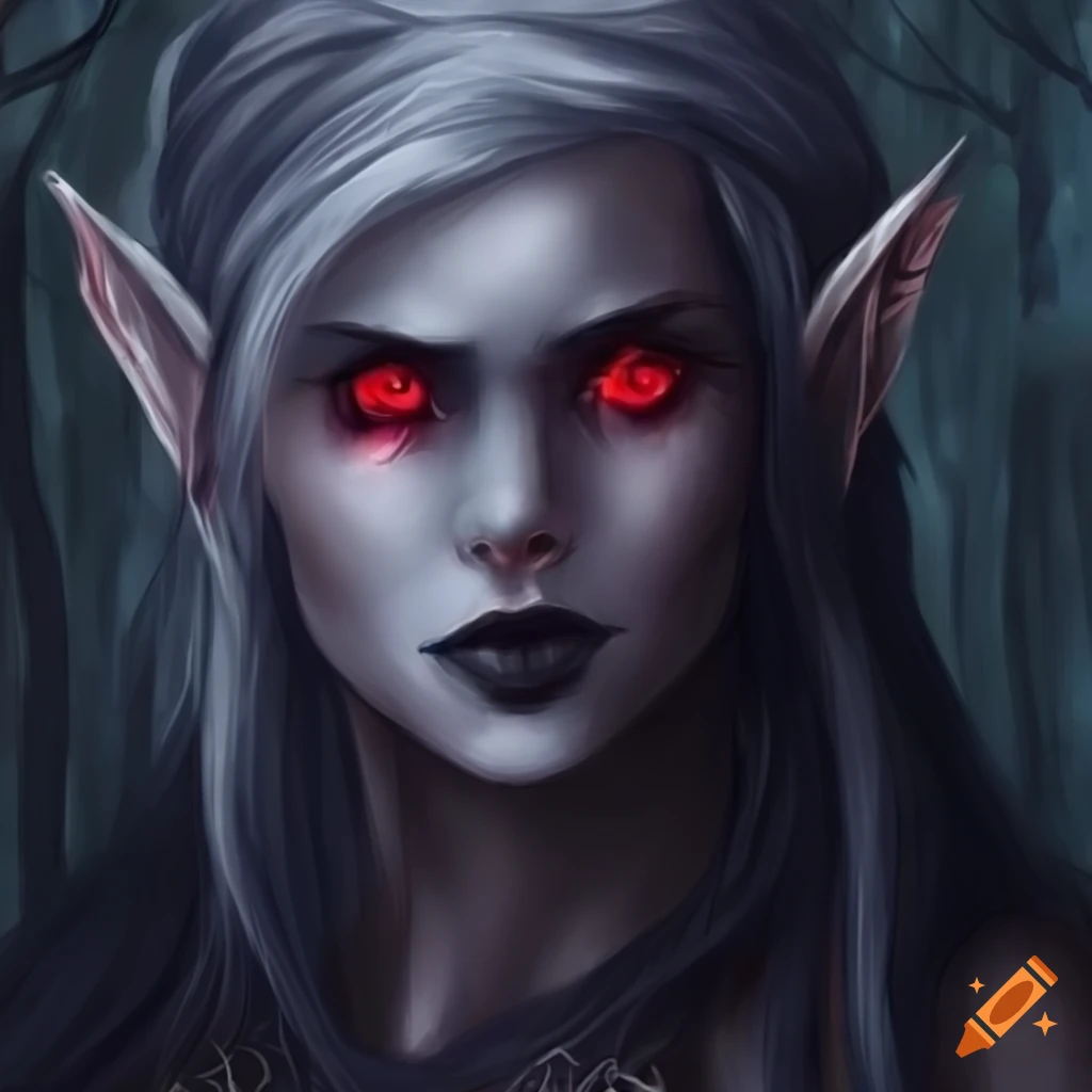 Illustration of a dark elf in a magical forest on Craiyon
