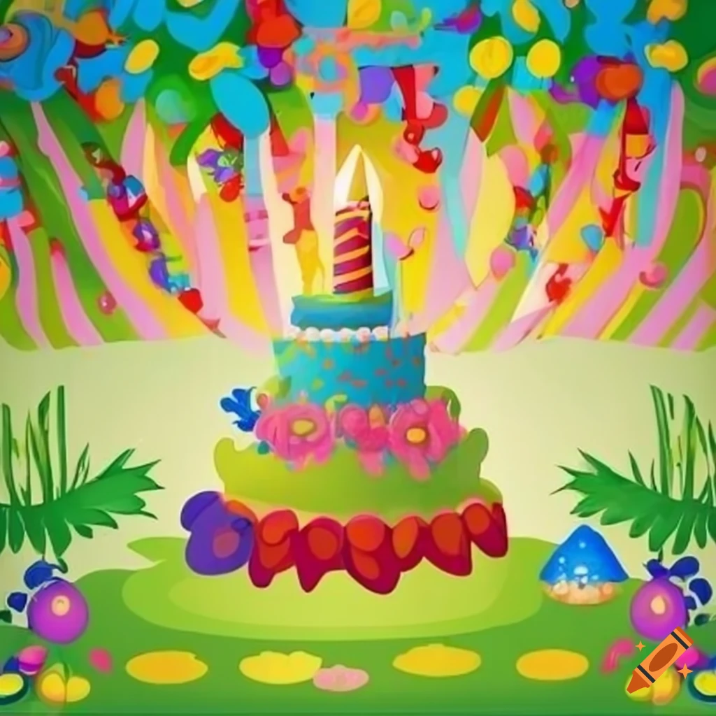 Funny Illustration Of A Birthday Party In A Colorful Garden On Craiyon