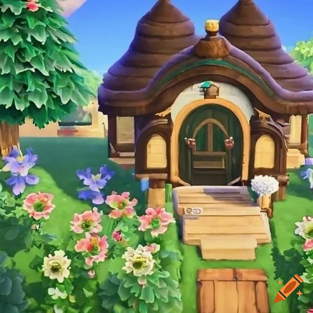 Hobbit witch house in Animal Crossing surrounded by flowers on Craiyon