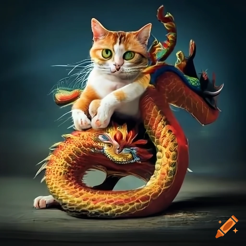 Calico cat riding a chinese dragon on Craiyon