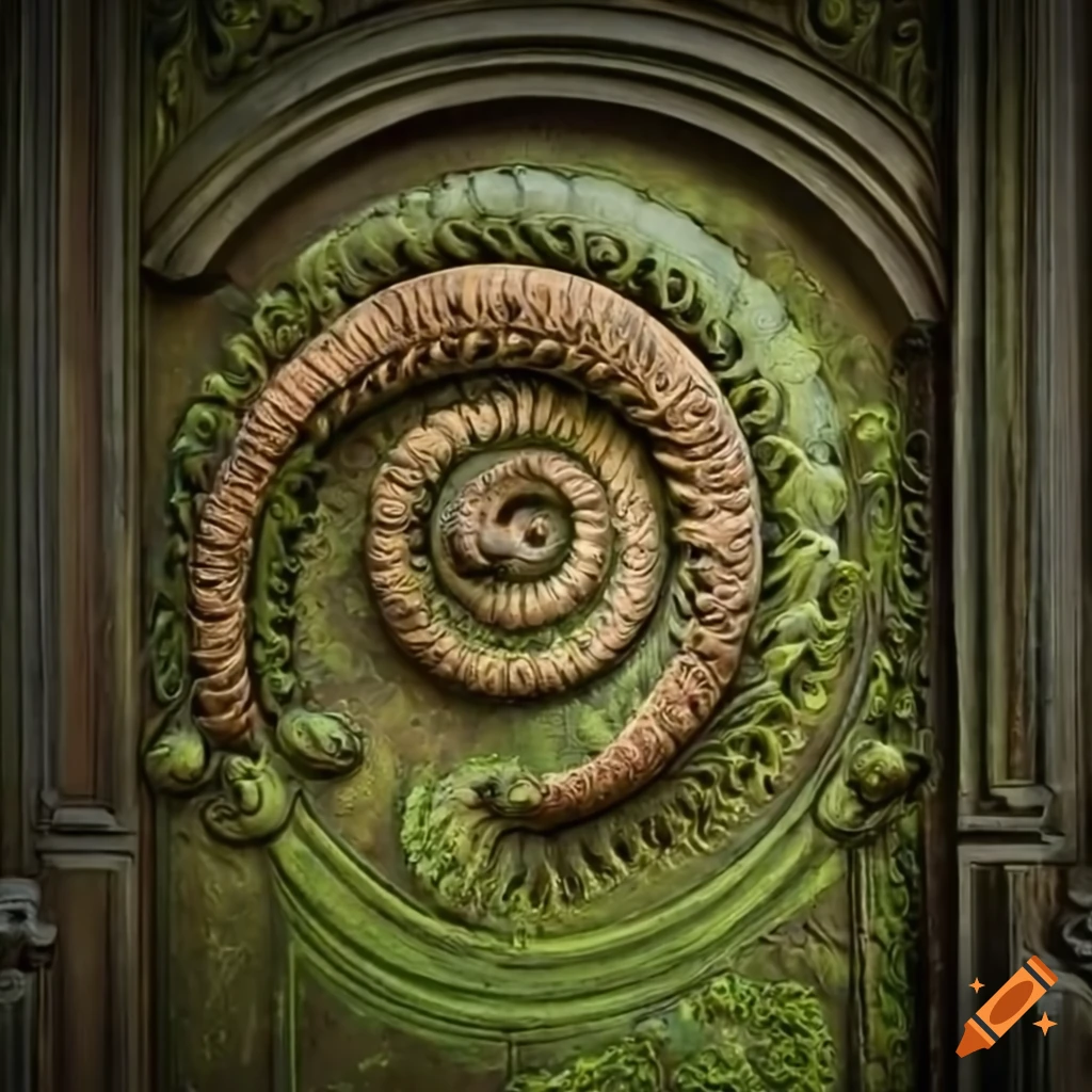 Intricate moss-covered baroque door with bas-relief