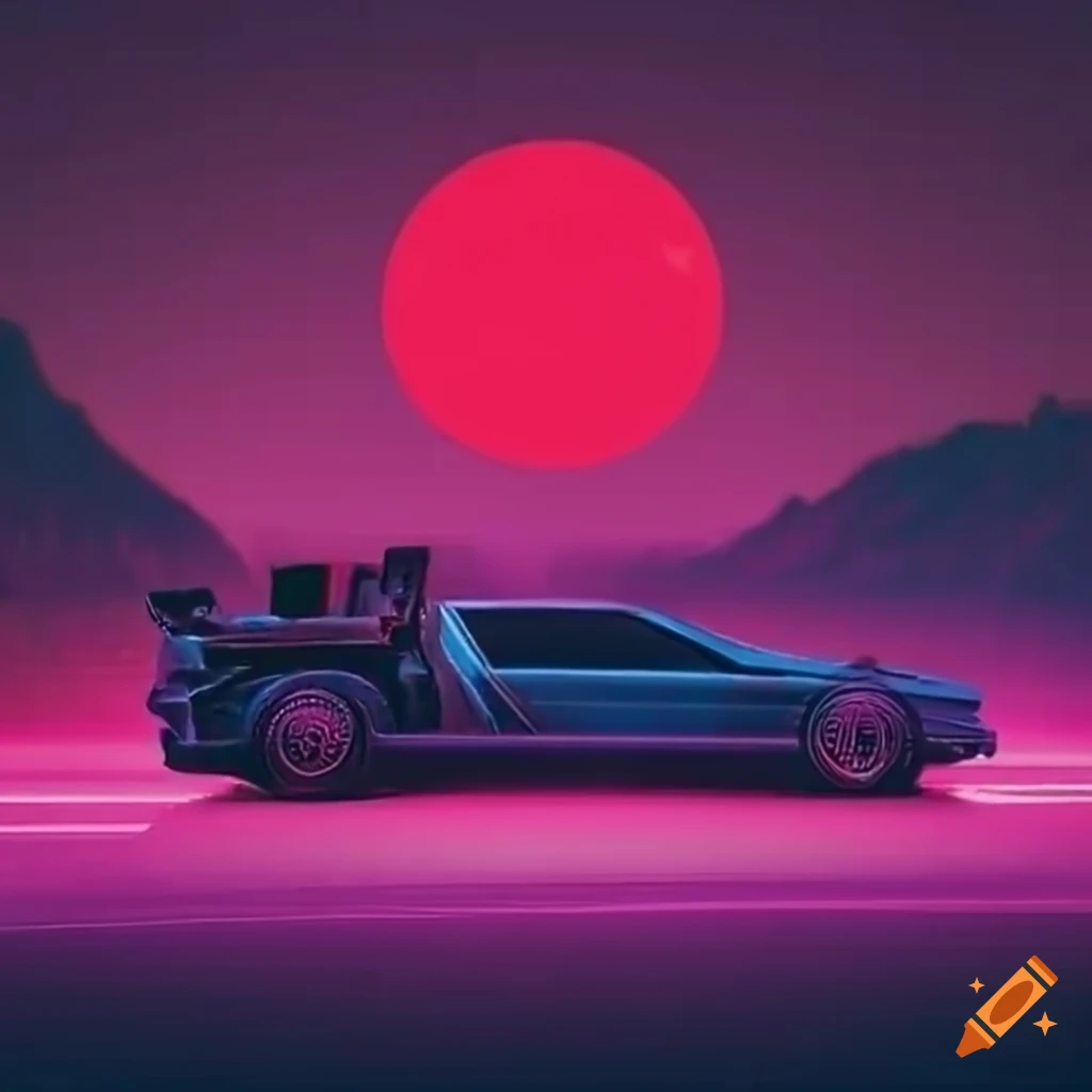 synthwave delorean car driving under red moon