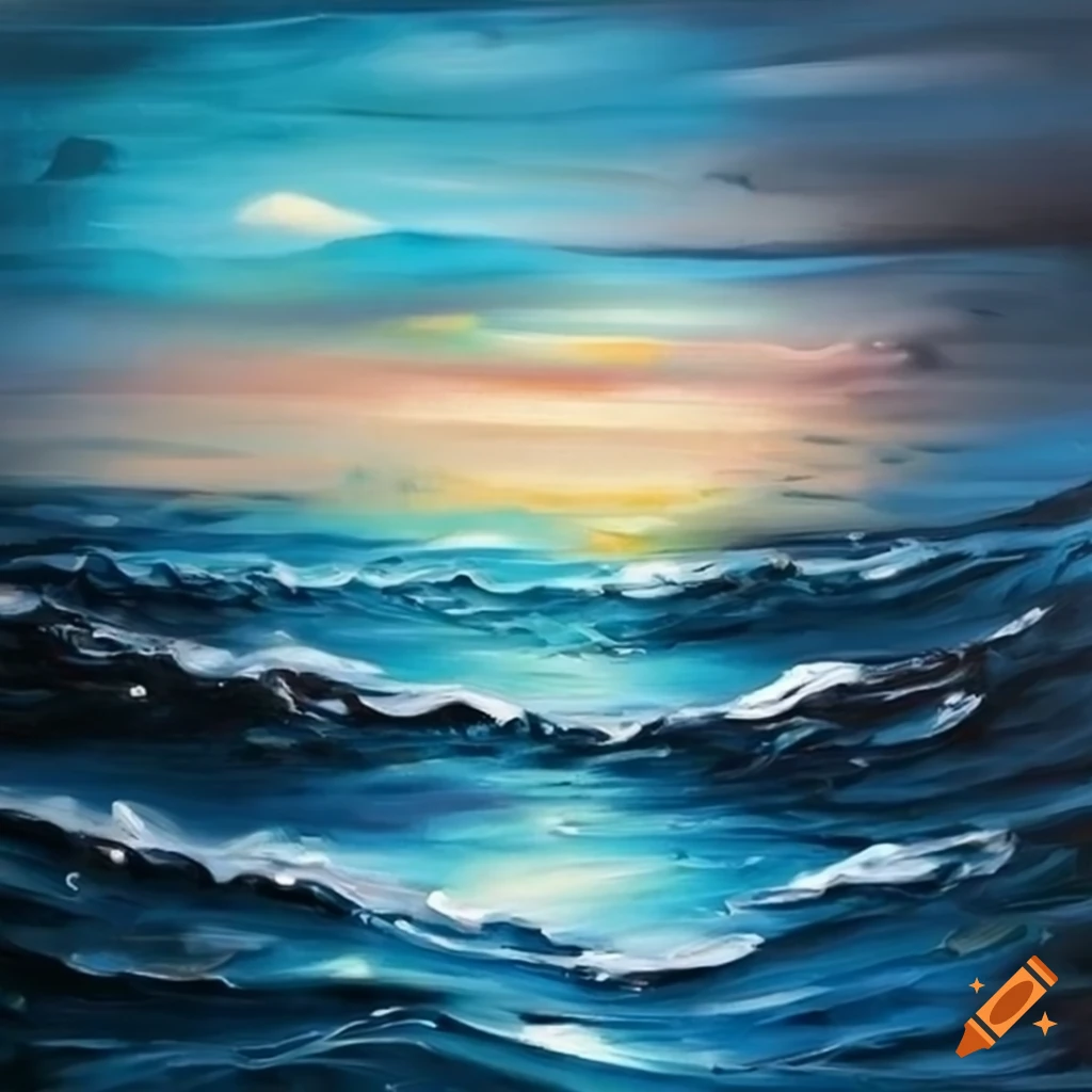 Oil painting of dark ocean at night
