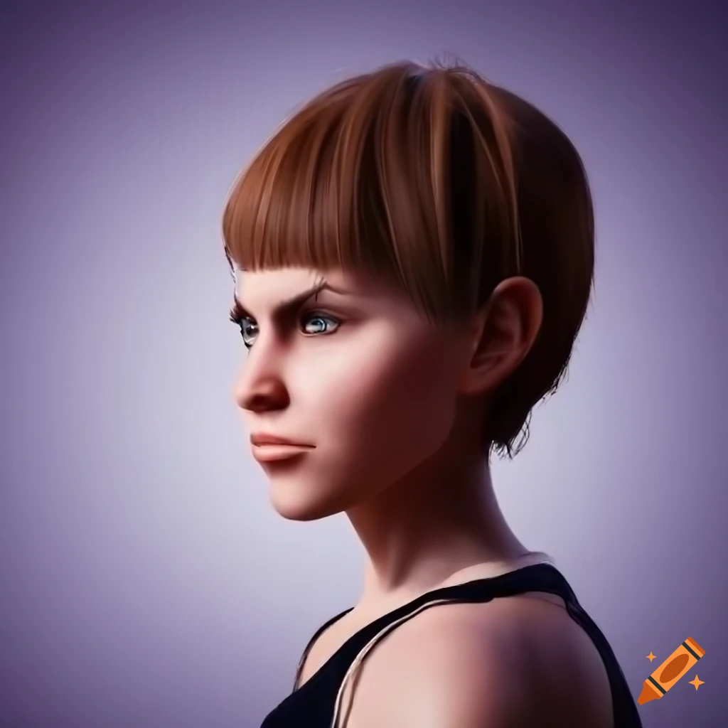 Pixar style portrait of a young woman with short brown hair
