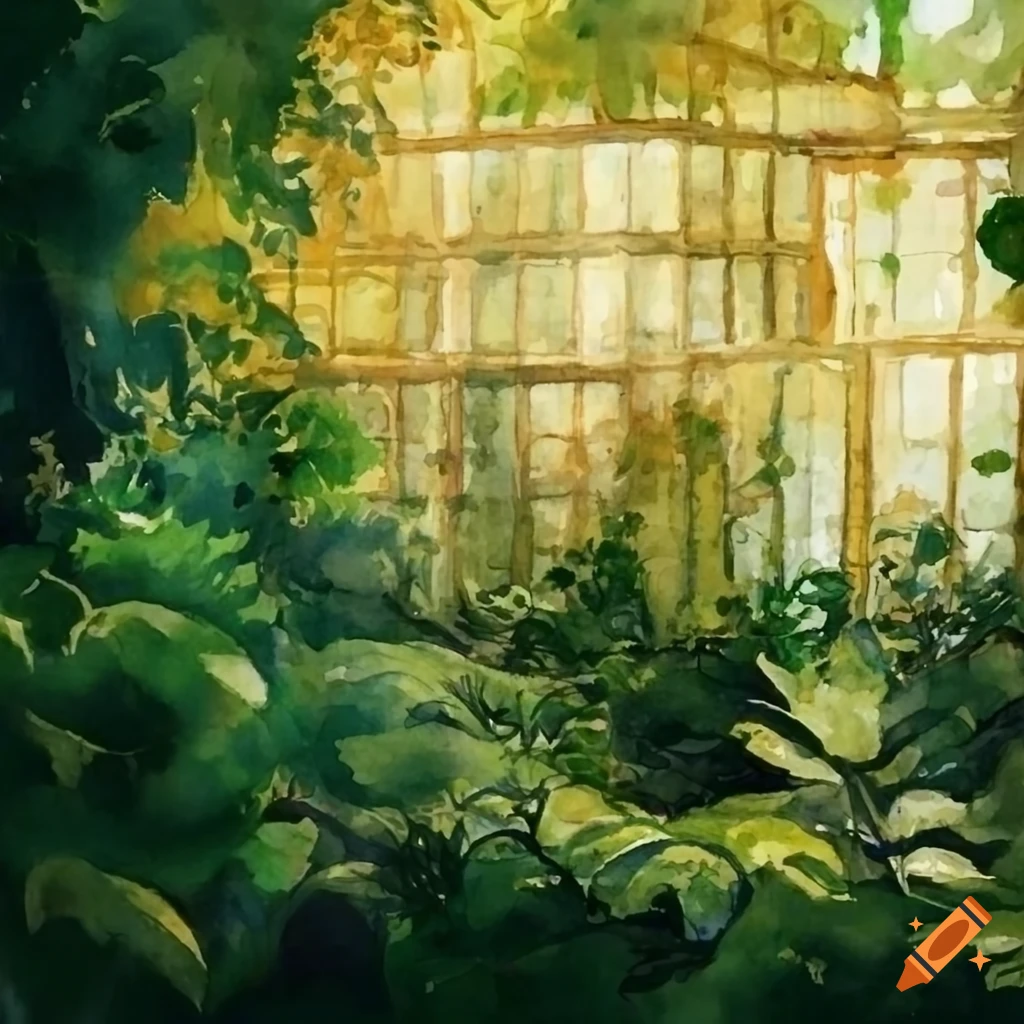 watercolor of a vibrant victorian greenhouse