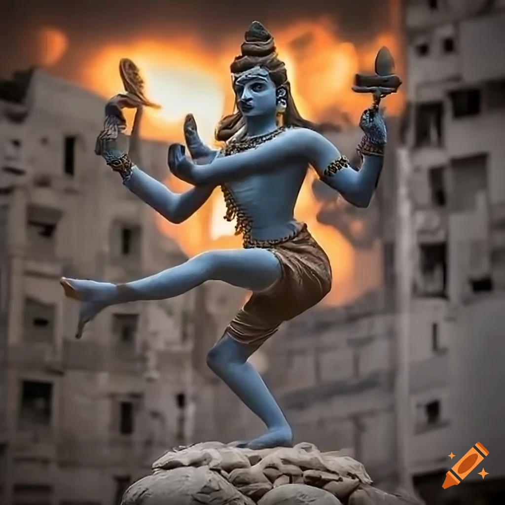 Image of shiva dancing amidst destroyed buildings