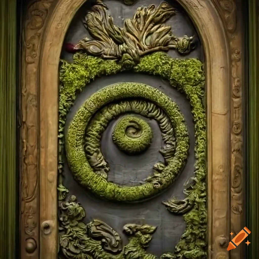 Intricate moss-covered baroque door with spiral bas-relief on Craiyon