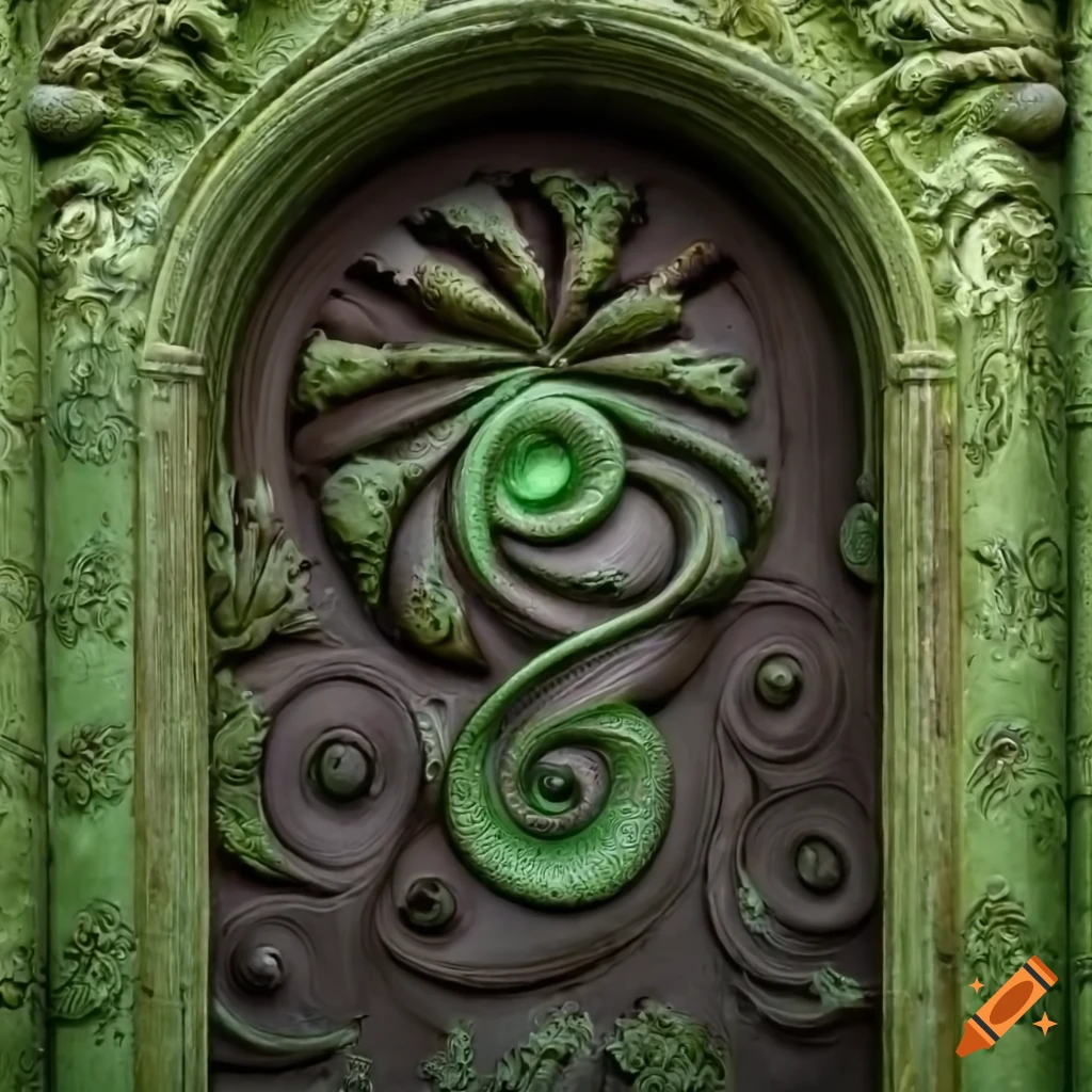 Intricate moss-covered baroque door on Craiyon
