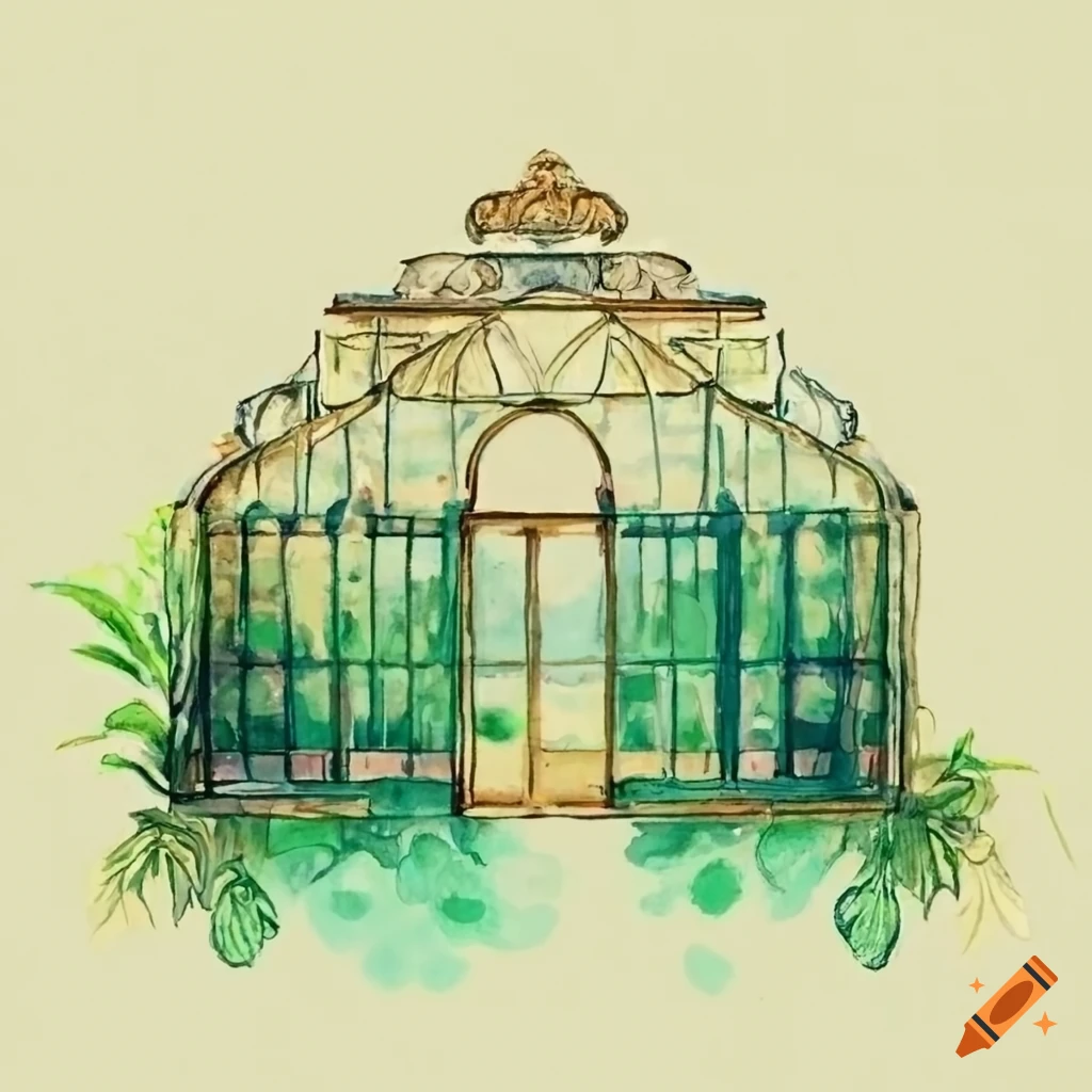 watercolor of a vibrant victorian greenhouse