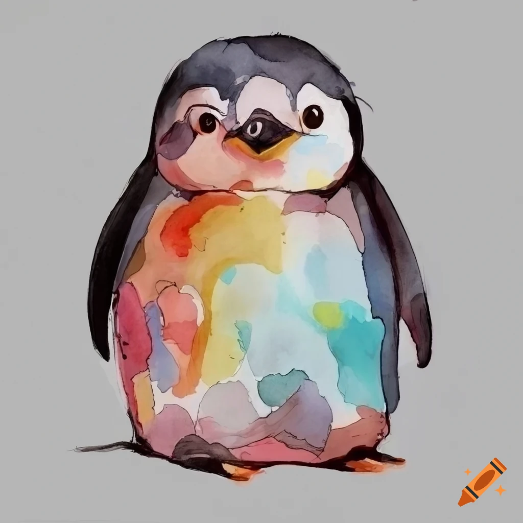 watercolor line drawing of playful penguins