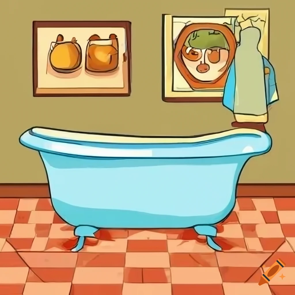 Cartoon bathtub in a tiled bathroom on Craiyon