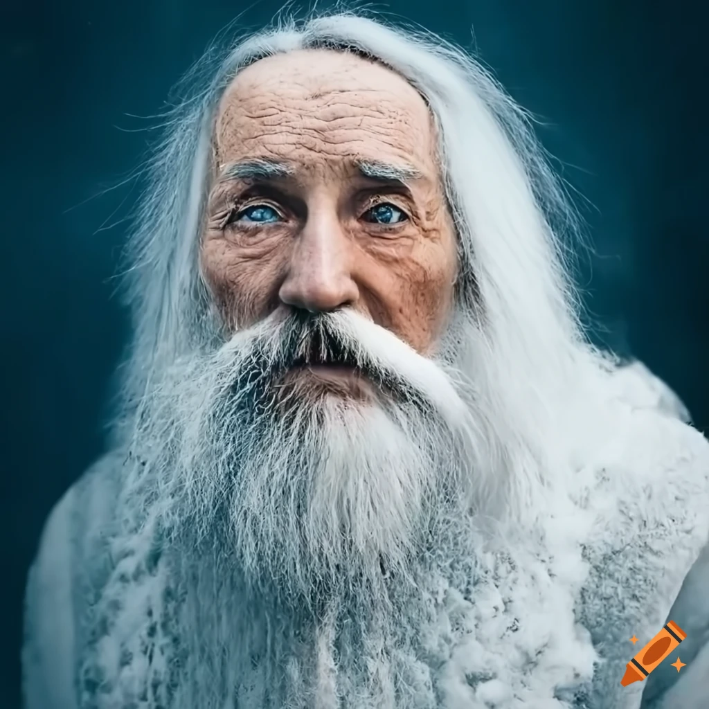 snowy portrait of an old man with a silver staff