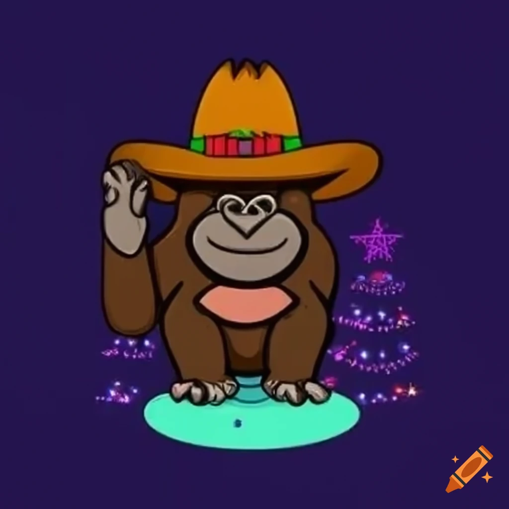 Cartoon gorilla with cowboy hat in front of christmas tree on Craiyon