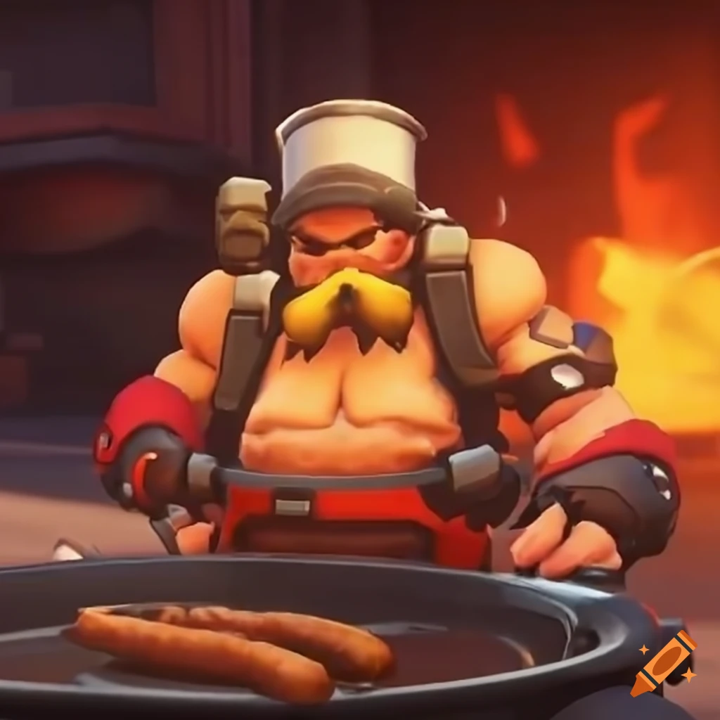 Torbjorn from Overwatch grilling sausages