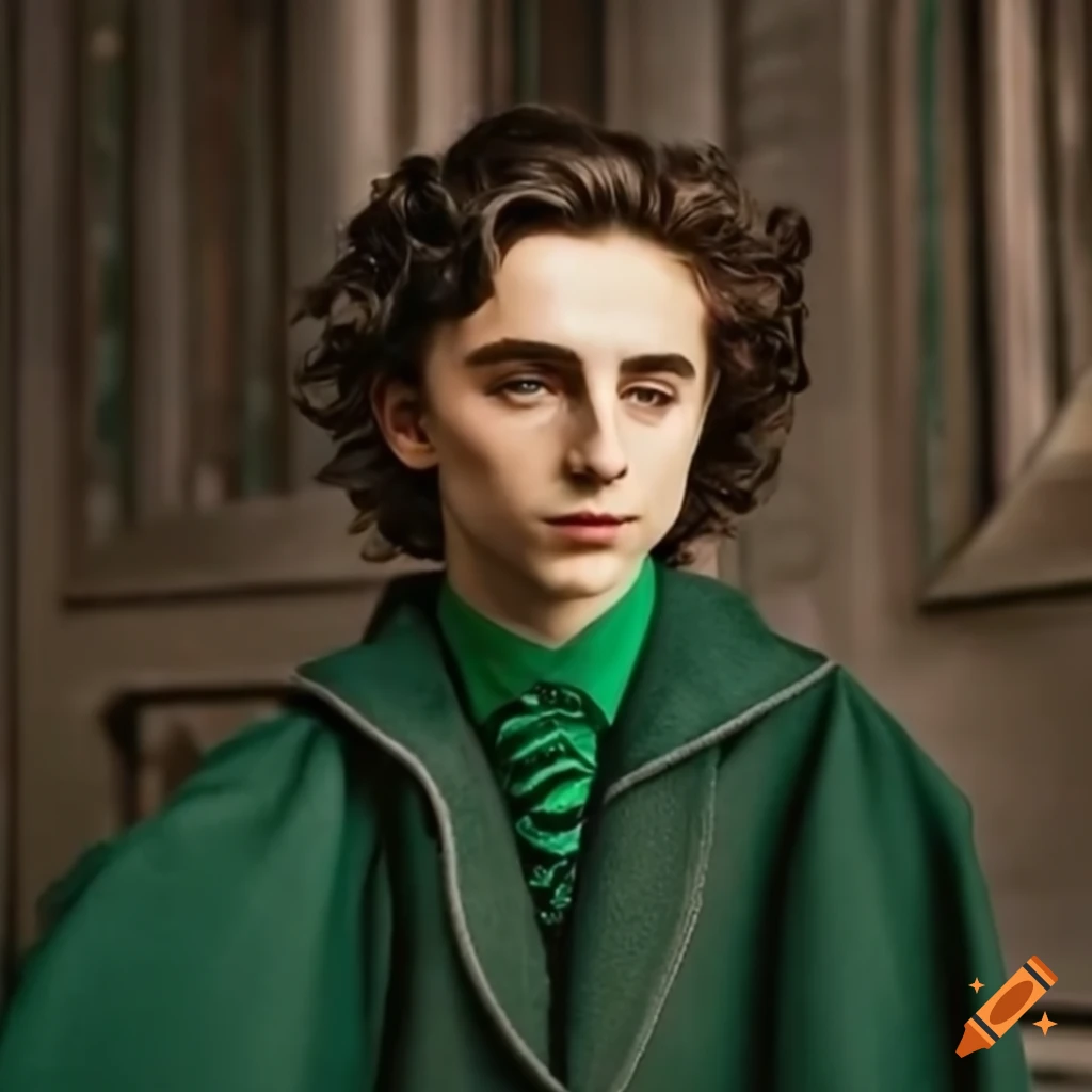 Timothée Chalamet wearing a Slytherin robe in Hogwarts on Craiyon