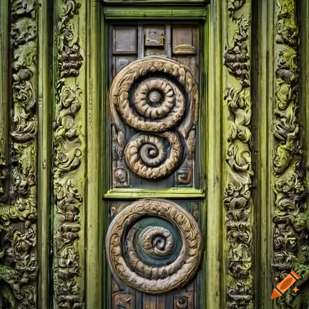 Intricately carved baroque moss-covered door with spiral on Craiyon