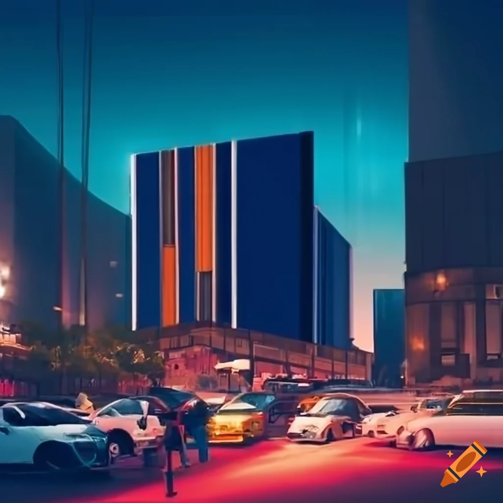 Pixel art of a busy parking lot in front of a modern shopping center on