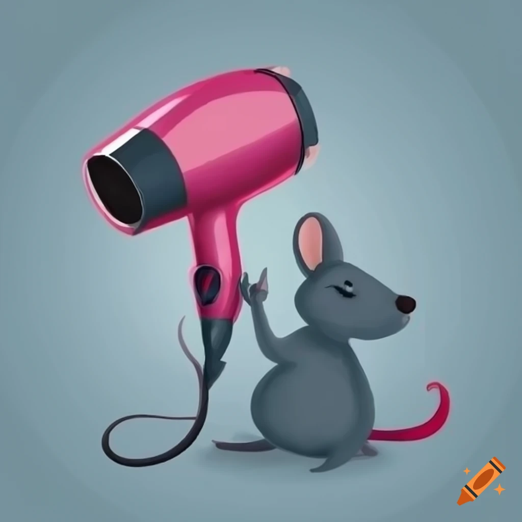 cartoon of a mouse and hair dryer