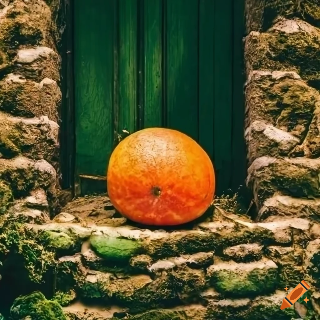 view of a moss-covered stone door with a garden behind