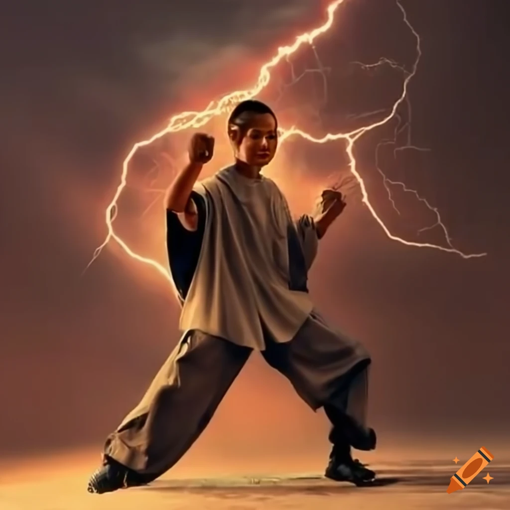 Martial artist performing a powerful kick on Craiyon