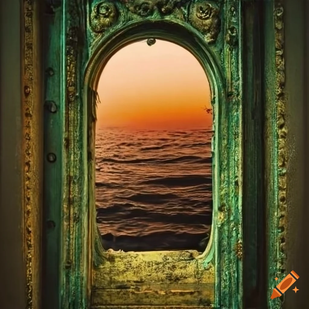 baroque moss-covered door overlooking the sea