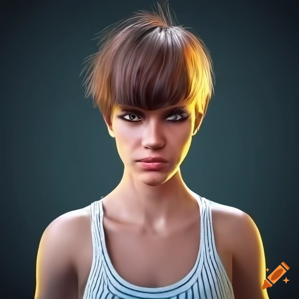 studio portrait of a young woman with short brown hair and turquoise eyes