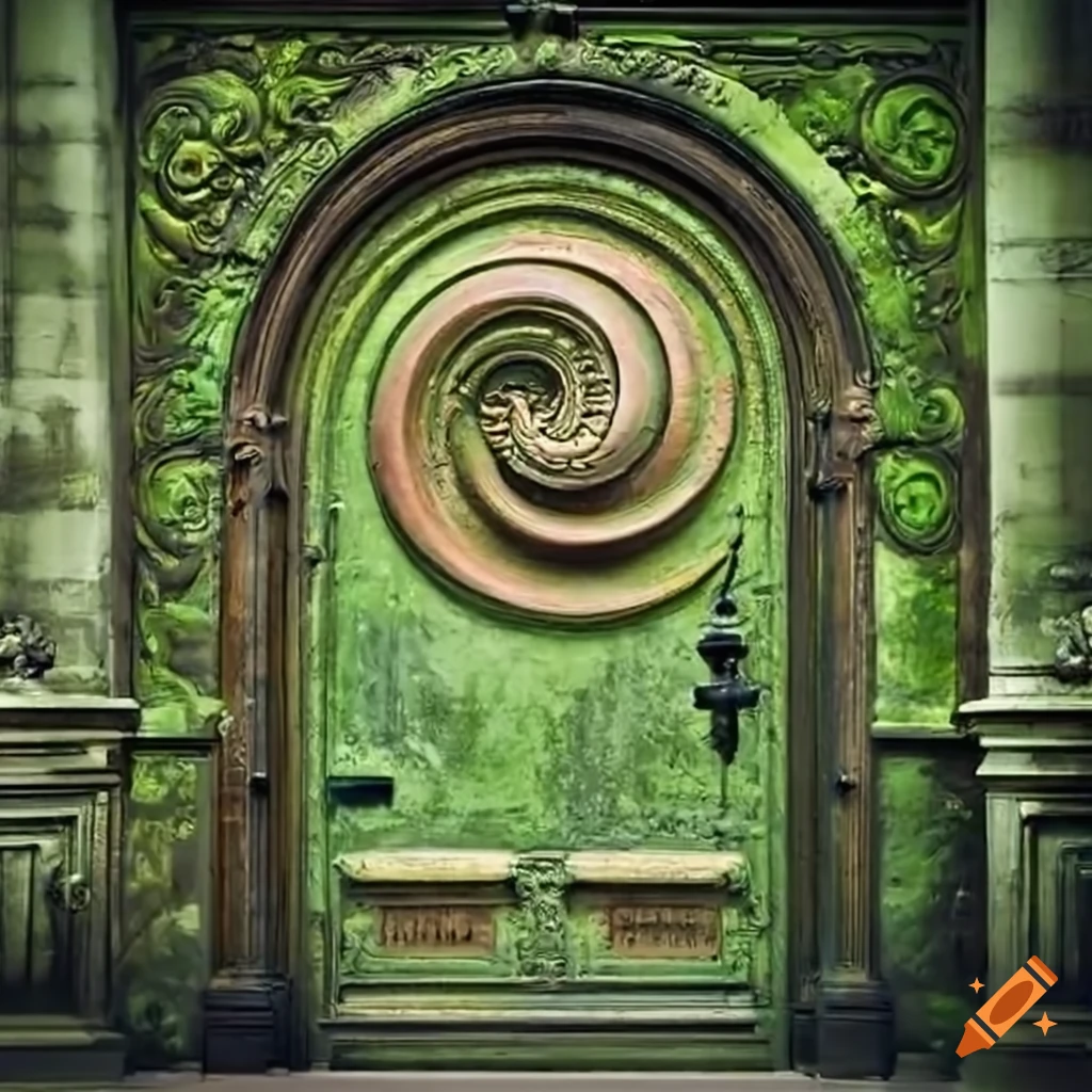 Baroque mosscovered door with basrelief spiral