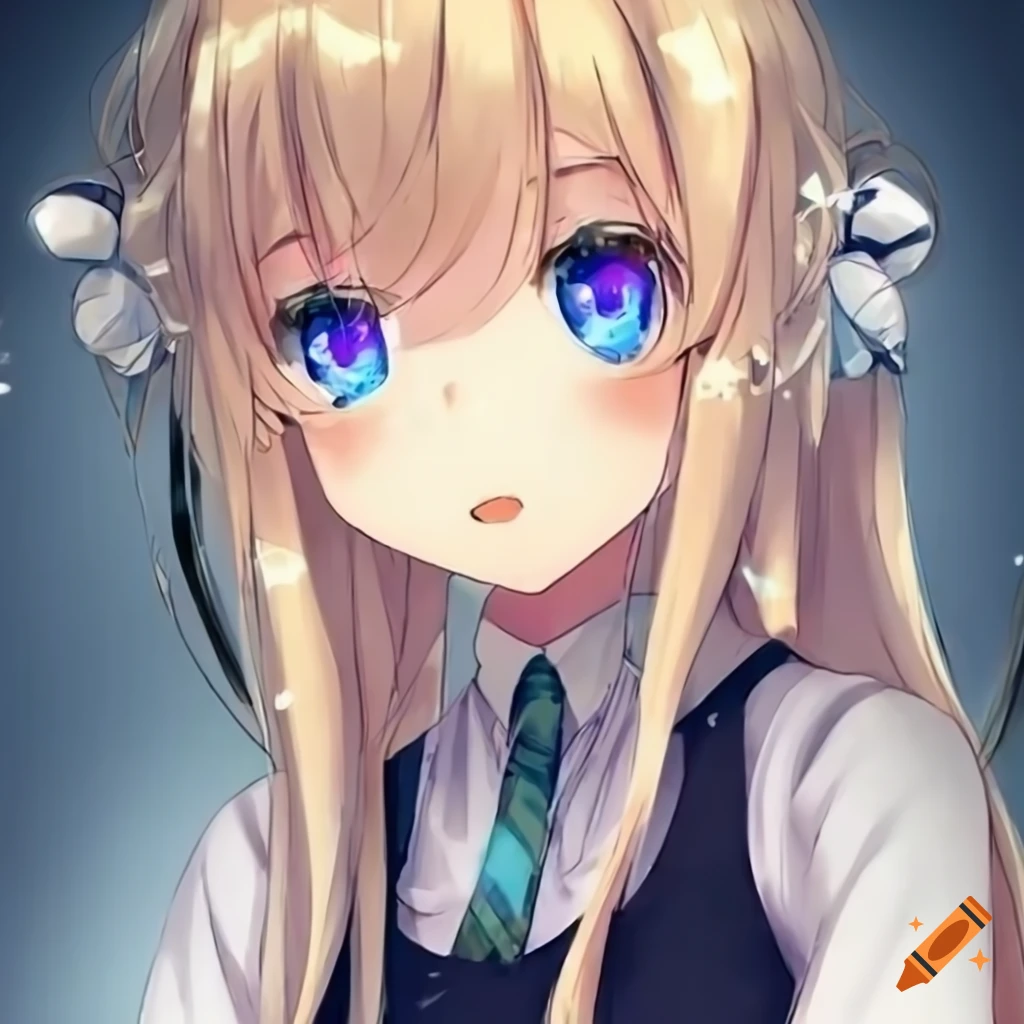 Close-up of a blushing anime girl with blue eyes and blond hair on Craiyon