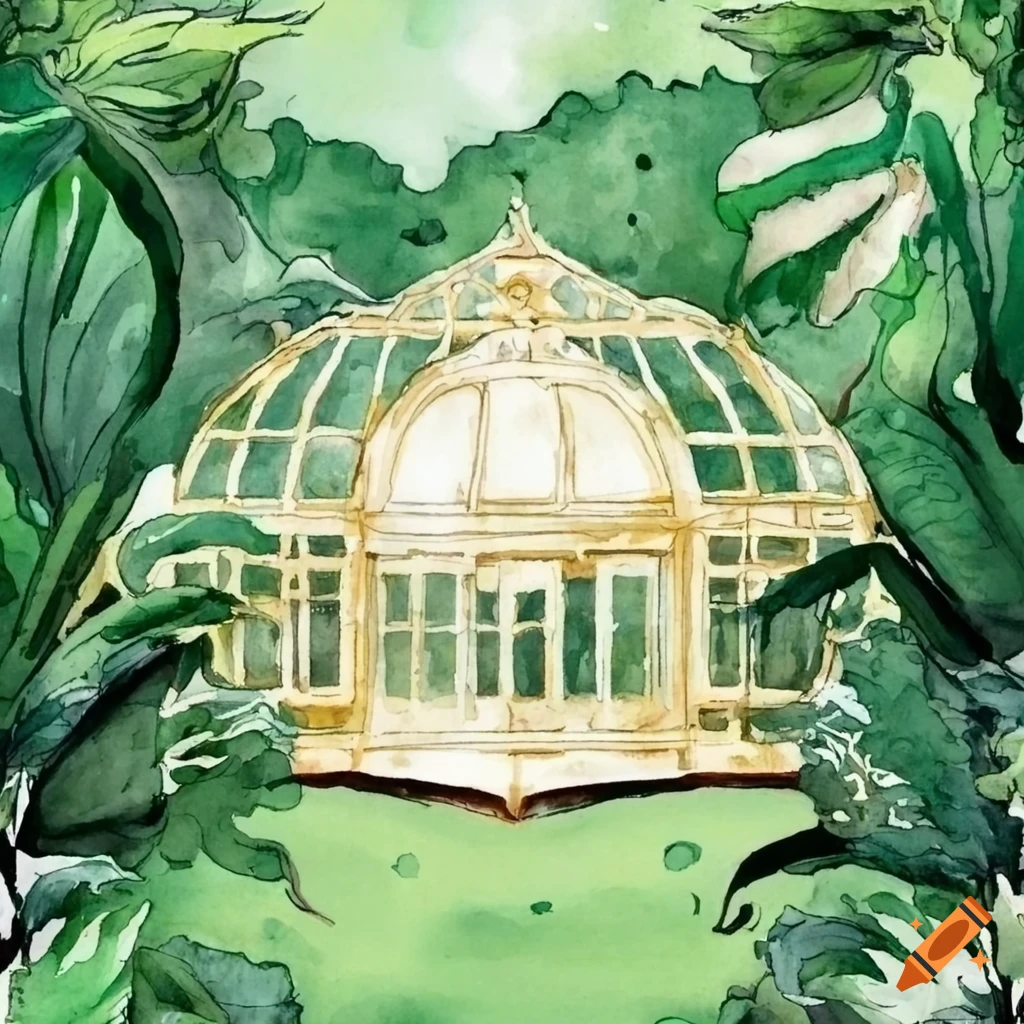 watercolor of a vibrant victorian greenhouse