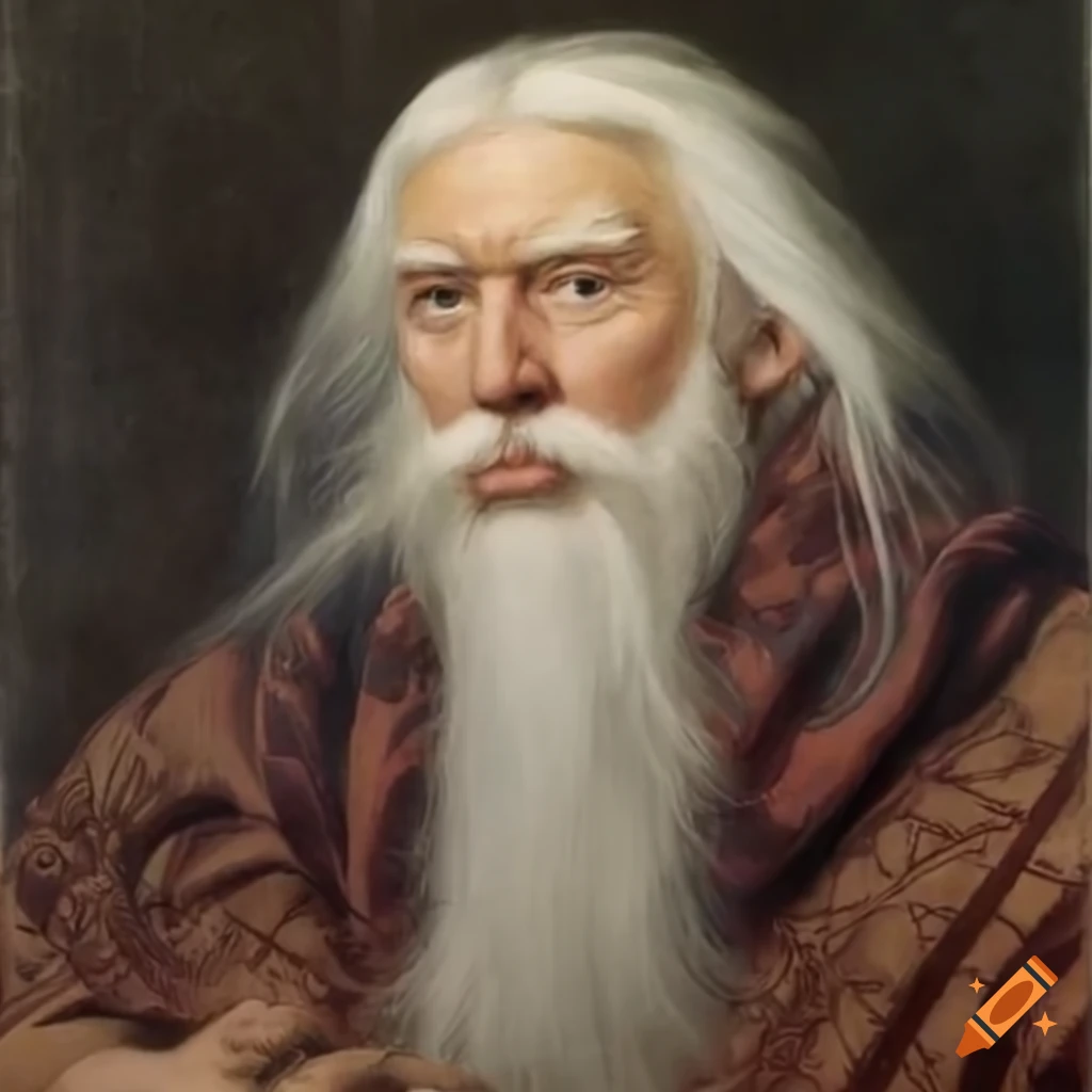 ancient biblical art portrayal of Donald Trump with long white hair and beard riding a cloud