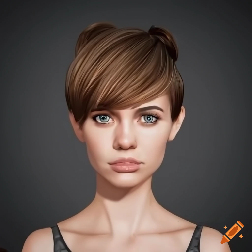 studio portrait of a young woman with short brown hair and turquoise eyes