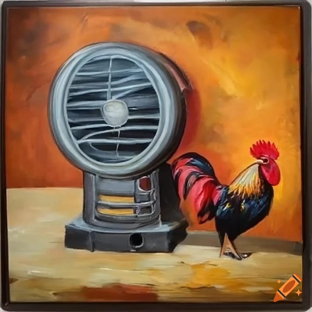 Rooster sitting next to a fan heater