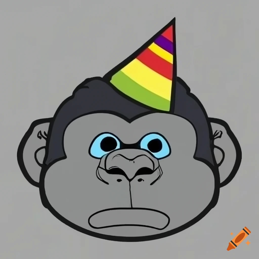 Cartoon gorilla wearing rainbow party hat on Craiyon