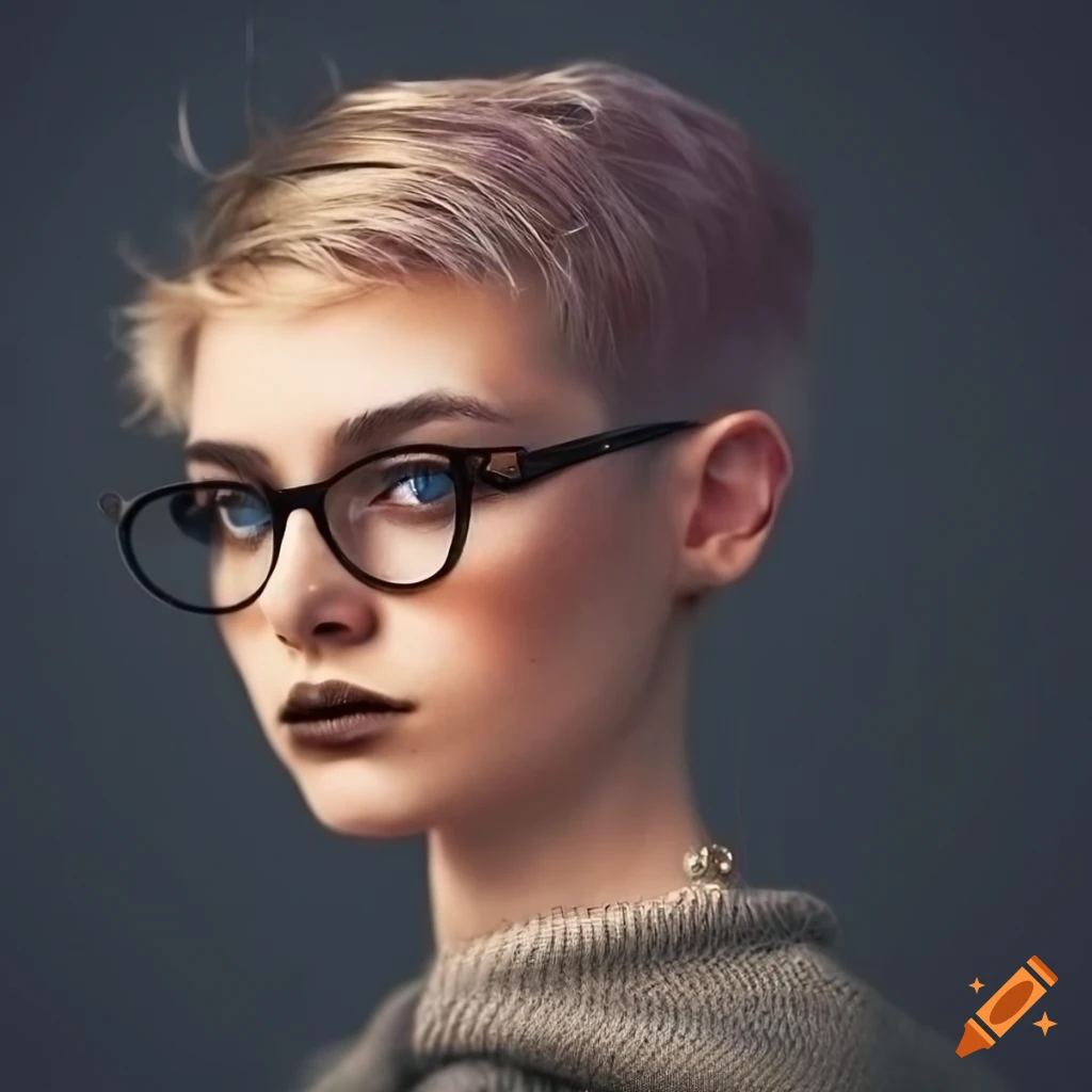 side profile of a person with blonde pixie cut hair and glasses